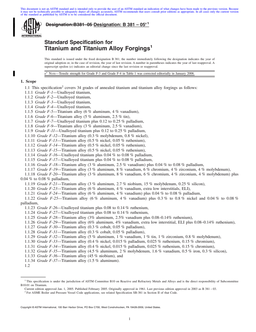 REDLINE ASTM B381-05e1 - Standard Specification for Titanium and Titanium Alloy Forgings