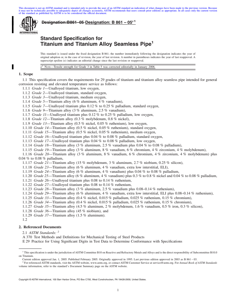 REDLINE ASTM B861-05e1 - Standard Specification for Titanium and Titanium Alloy Seamless Pipe
