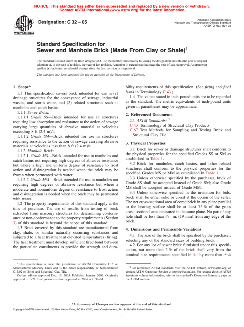 ASTM C32-05 - Standard Specification for Sewer and Manhole Brick (Made From Clay or Shale)