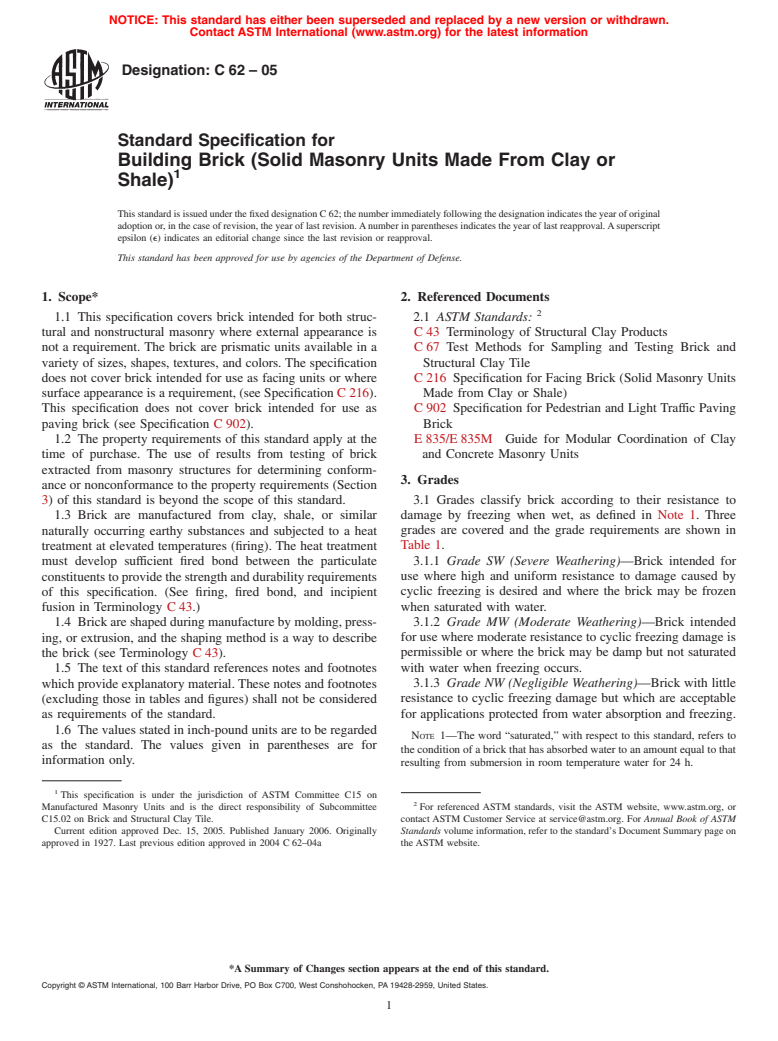 ASTM C62-05 - Standard Specification for Building Brick (Solid Masonry Units Made From Clay or Shale)