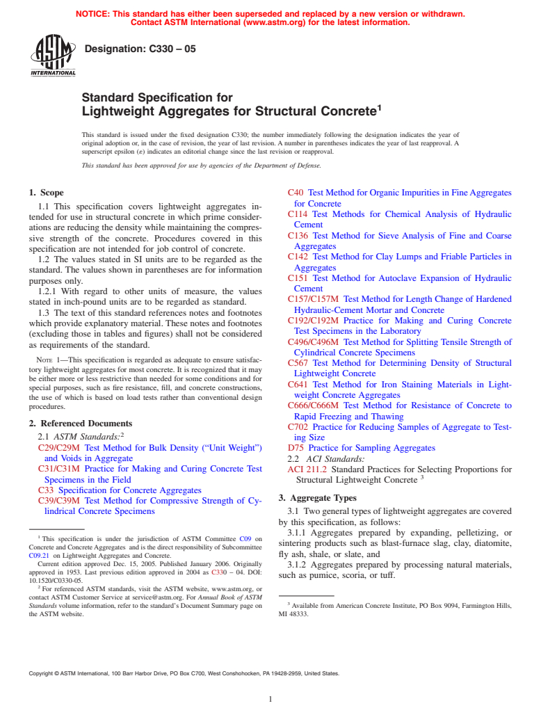 ASTM C330-05 - Standard Specification for Lightweight Aggregates for Structural Concrete