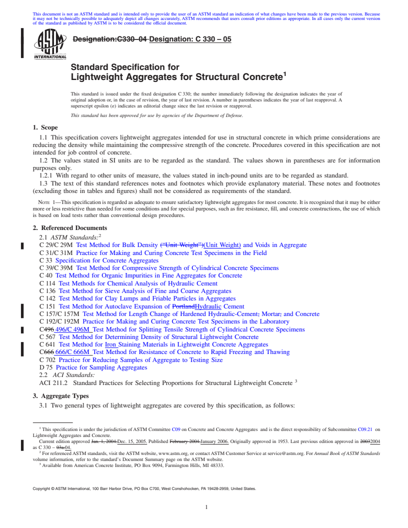 REDLINE ASTM C330-05 - Standard Specification for Lightweight Aggregates for Structural Concrete