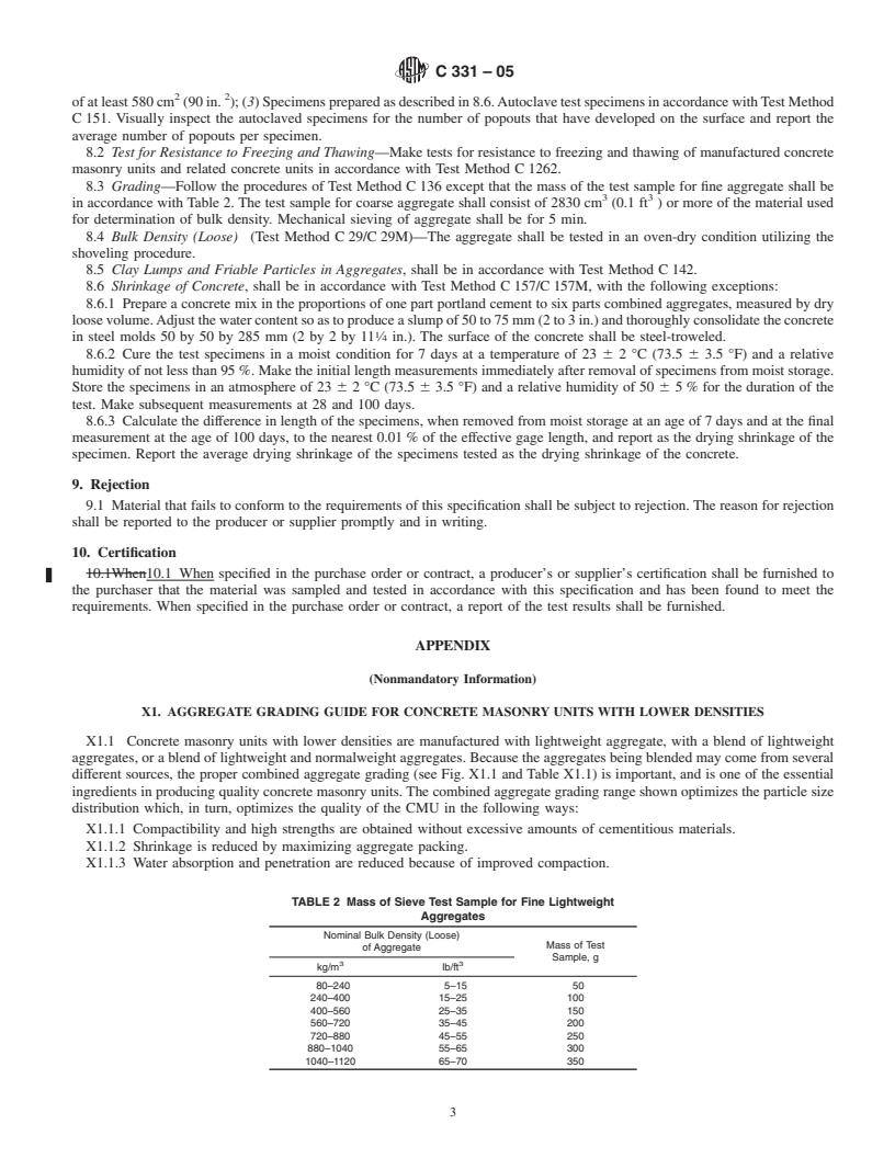 REDLINE ASTM C331-05 - Standard Specification for Lightweight Aggregates for Concrete Masonry Units