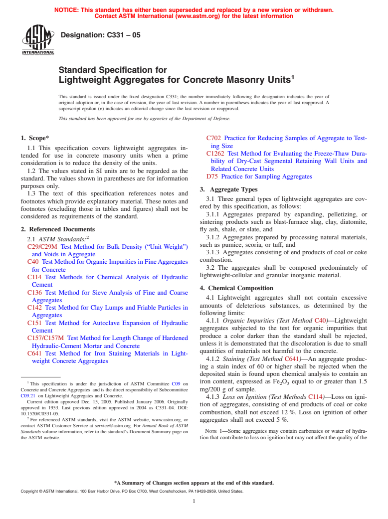 ASTM C331-05 - Standard Specification for Lightweight Aggregates for Concrete Masonry Units