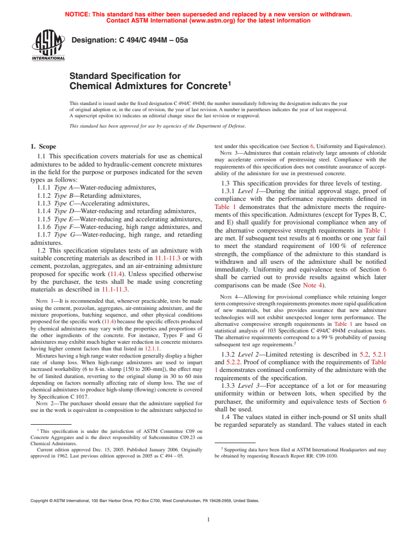 ASTM C494/C494M-05a - Standard Specification for Chemical Admixtures for Concrete