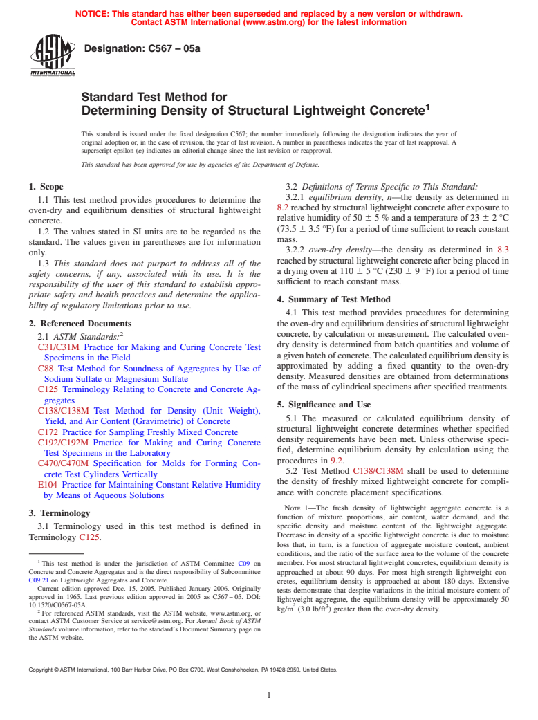 ASTM C567-05a - Standard Test Method for Determining Density of Structural Lightweight Concrete