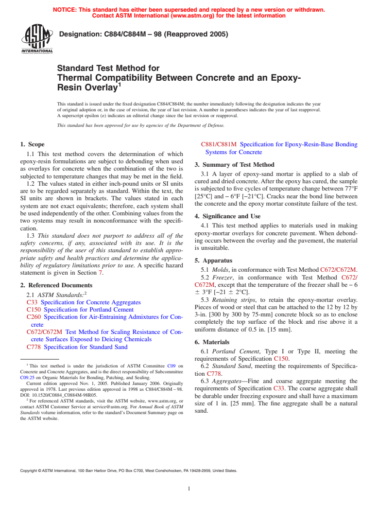 ASTM C884/C884M-98(2005) - Standard Test Method for Thermal Compatibility Between Concrete and an Epoxy-Resin Overlay