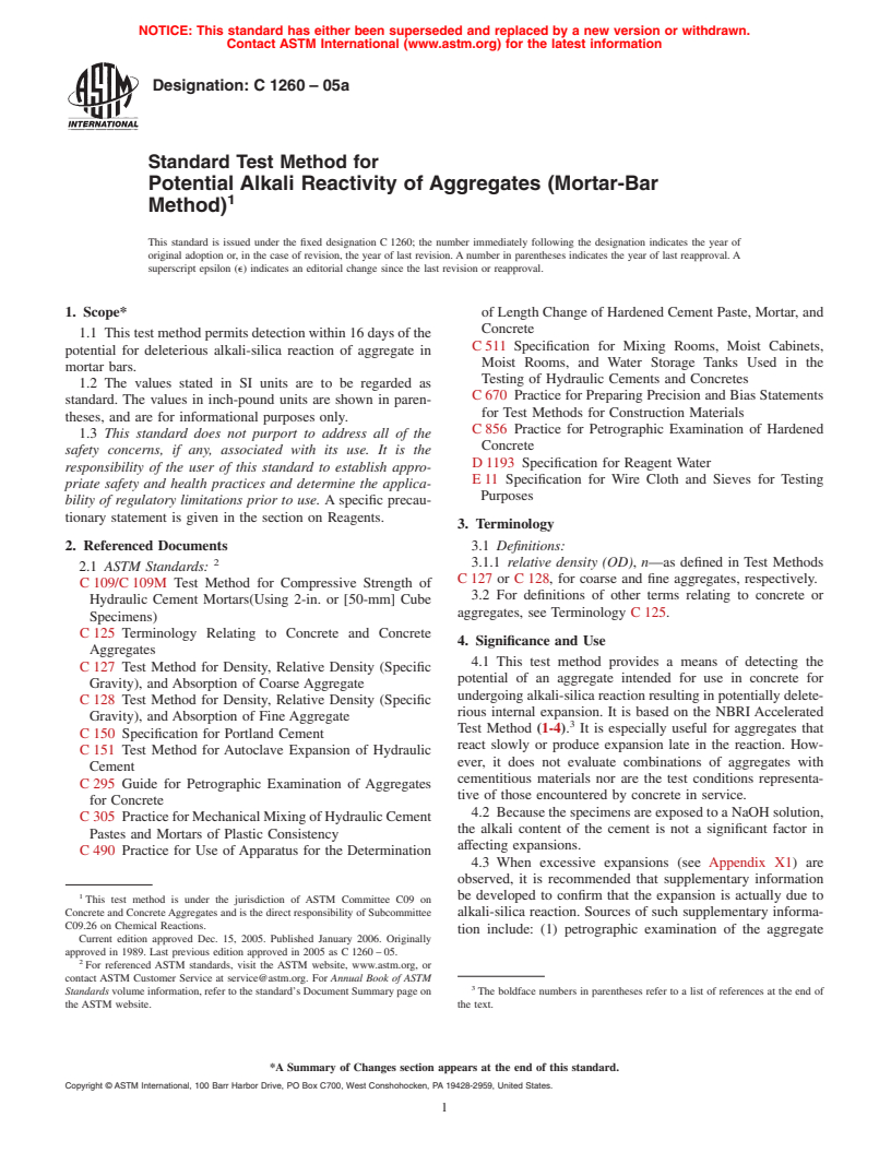 ASTM C1260-05a - Standard Test Method for Potential Alkali Reactivity of Aggregates (Mortar-Bar Method)