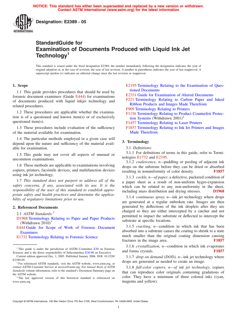 ASTM E2389-05 - Standard Guide for Examination of Documents Produced with Liquid Ink Jet Technology (Withdrawn 2014)