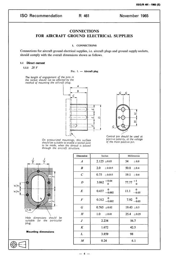ISO/R 461:1965 ISO/R 461:1965 - Connections for aircraft ground electrical supplies - Page 4 preview