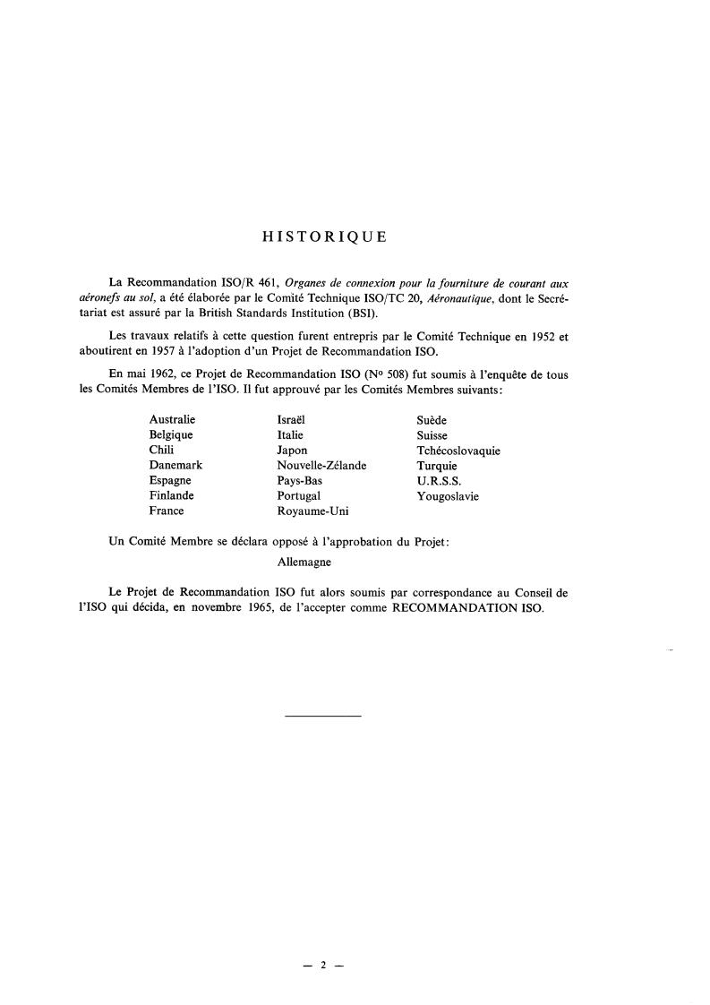 ISO/R 461:1965 ISO/R 461:1965 - Connections for aircraft ground electrical supplies
Released:11/1/1965 - Page 2 preview
