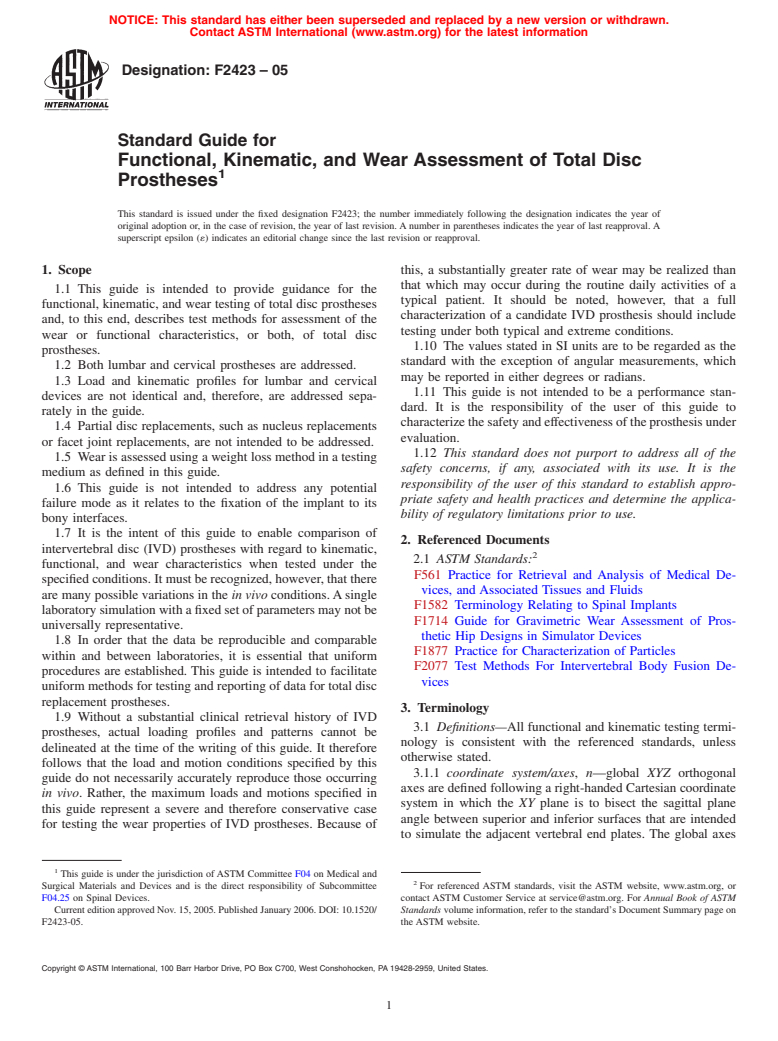 ASTM F2423-05 - Standard Guide for Functional, Kinematic, and Wear Assessment of Total Disc Prostheses