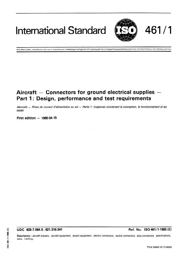 ISO 461-1:1985 - Aircraft -- Connectors for ground electrical supplies