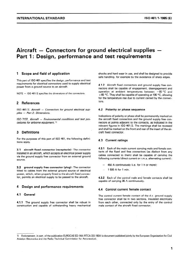 ISO 461-1:1985 - Aircraft -- Connectors for ground electrical supplies