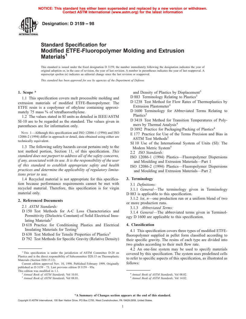 ASTM D3159-98 - Standard Specification for Modified ETFE-Fluoropolymer Molding and Extrusion Materials