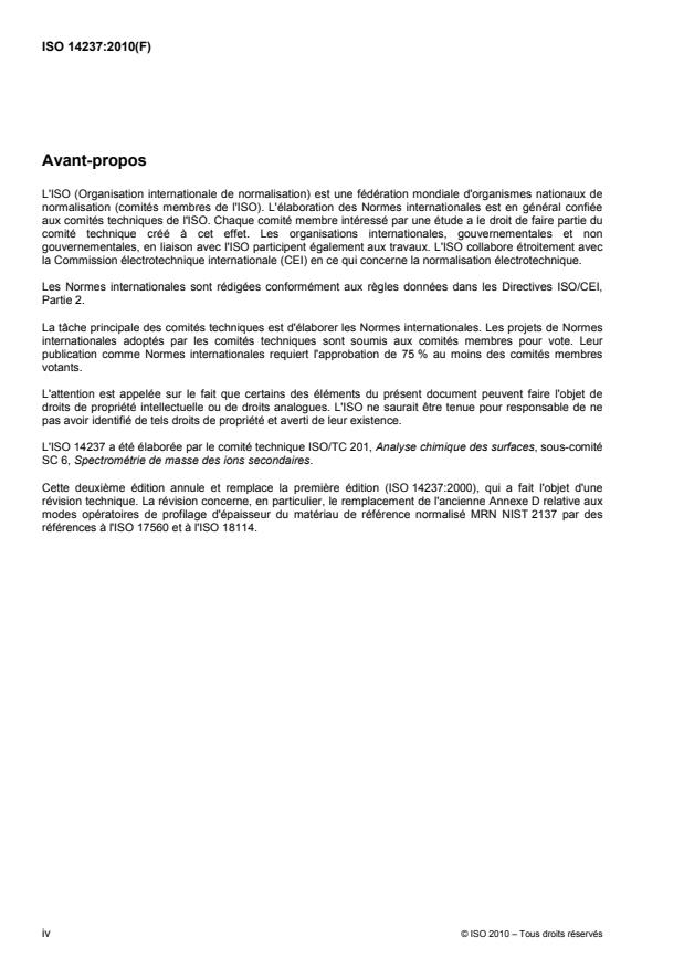ISO 14237:2010 ISO 14237:2010 - Analyse chimique des surfaces -- Spectrométrie de masse des ions secondaires -- Dosage des atomes de bore dans le silicium a l'aide de matériaux dopés uniformément - Page 4 preview