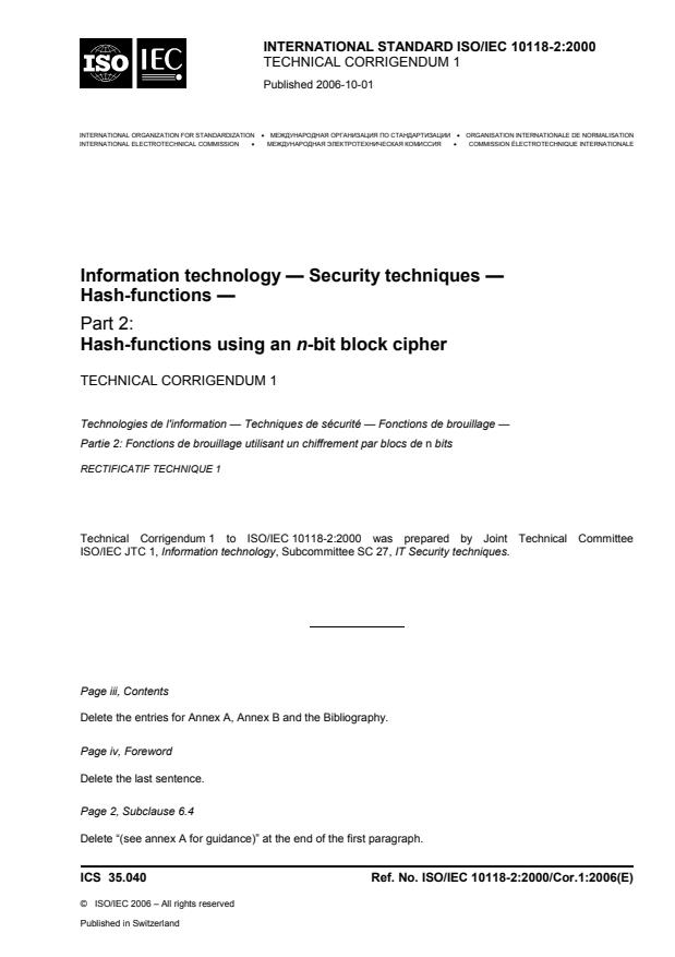 ISO/IEC 10118-2:2000/Cor 1:2006