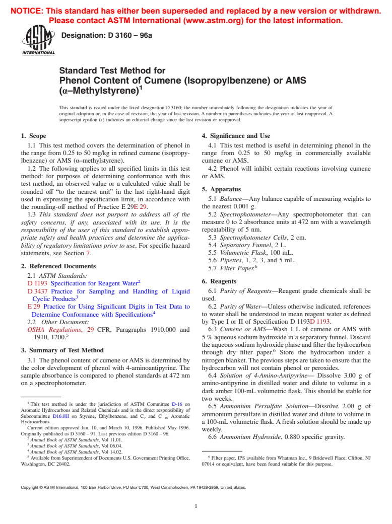 ASTM D3160-96a - Standard Test Method for Phenol Content of Cumene (Isopropylbenzene) or AMS (alpha-Methylstyrene)