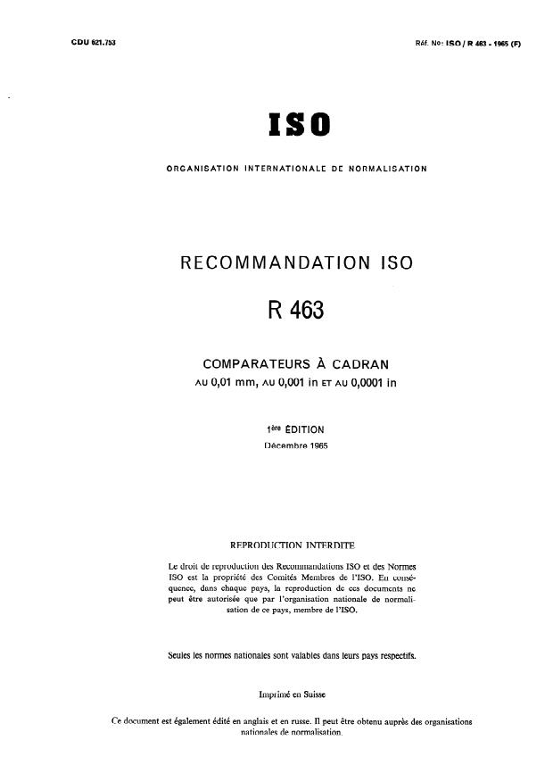 ISO/R 463:1965 - Comparateurs a cadran au 0,01 mm, au 0,001 in et au 0,0001 in