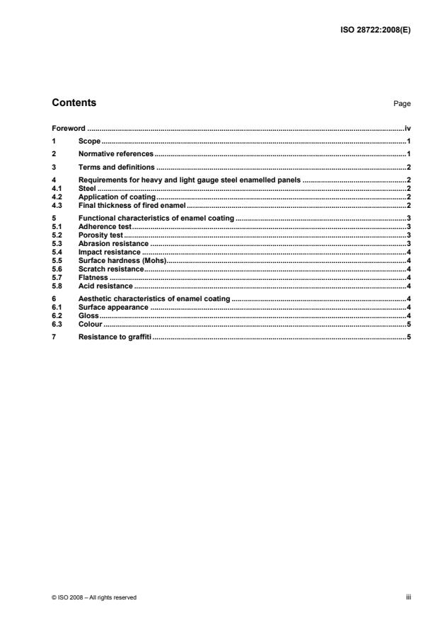 ISO 28722:2008 - Vitreous and porcelain enamels -- Characteristics of enamel coatings applied to steel panels intended for architecture