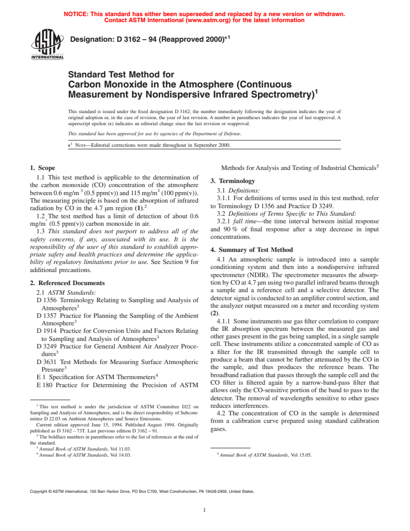 ASTM D3162-94(2000)e1 - Standard Test Method for Carbon Monoxide in the Atmosphere (Continuous Measurement by Nondispersive Infrared Spectrometry)