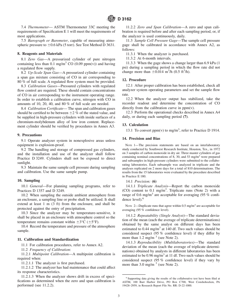 ASTM D3162-94(2000)e1 - Standard Test Method for Carbon Monoxide in the Atmosphere (Continuous Measurement by Nondispersive Infrared Spectrometry)