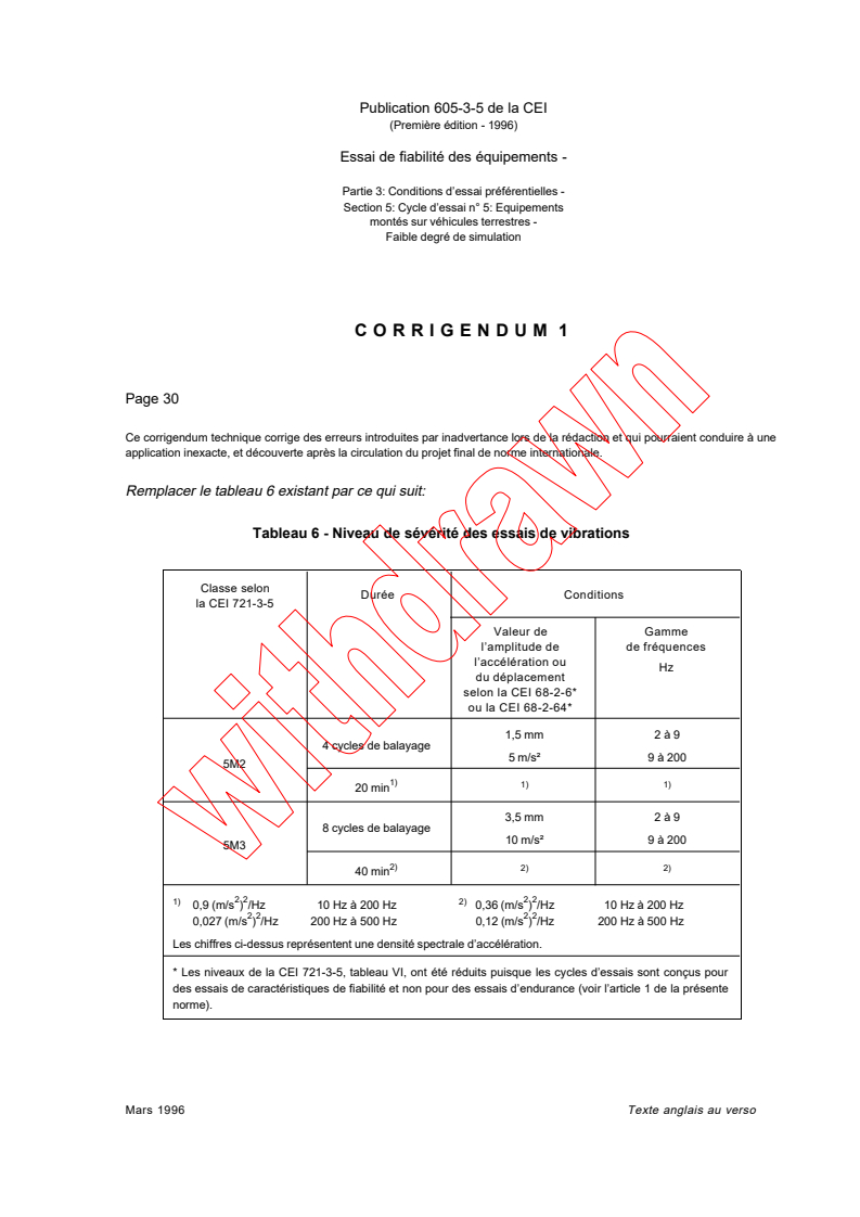 IEC 60605-3-5:1996/COR1:1996 - Corrigendum 1 - Equipment reliability testing - Part 3: Preferred test conditions - Section 5: Test cycle 5: Ground mobile equipment - Low degree of simulation
Released:3/28/1996