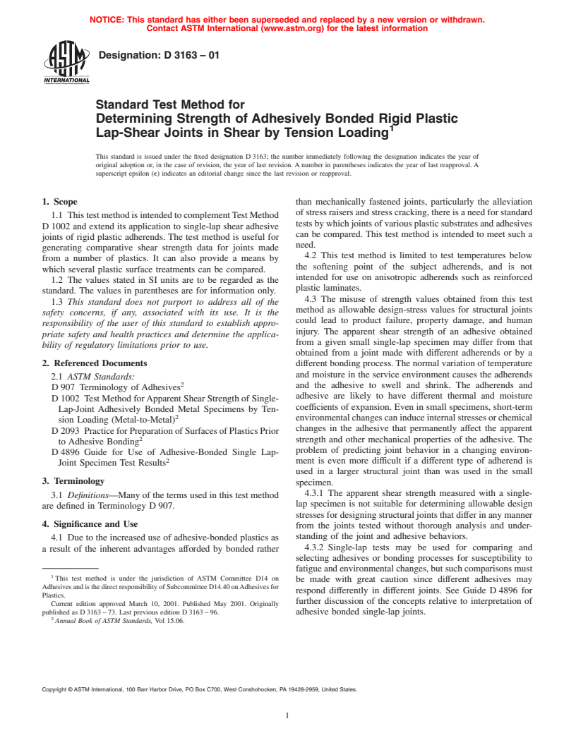 ASTM D3163-01 - Standard Test Method for Determining Strength of Adhesively Bonded Rigid Plastic Lap-Shear Joints in Shear by Tension Loading