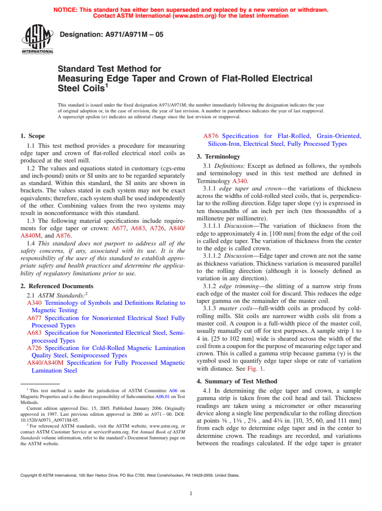 ASTM A971/A971M-05 - Standard Test Method for Measuring Edge Taper and Crown of Flat-Rolled Electrical Steel Coils