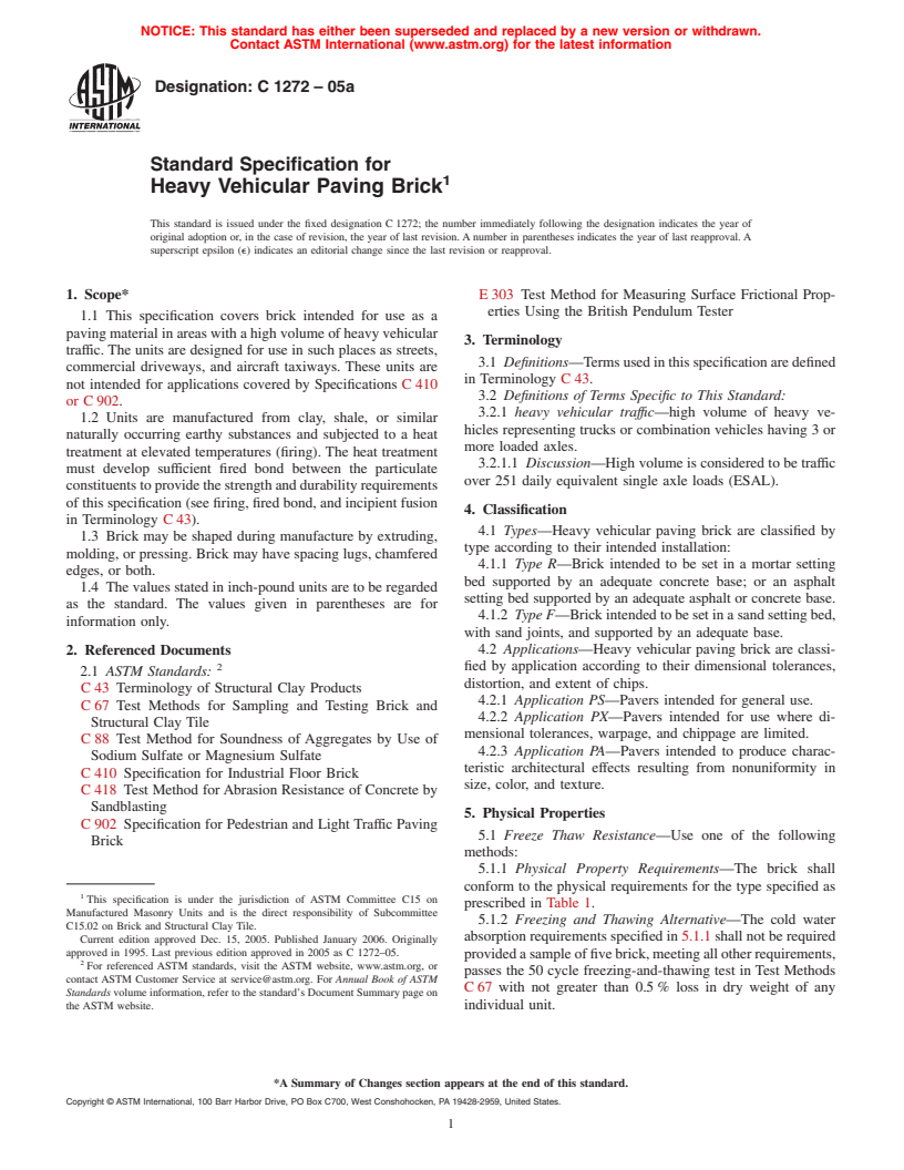 ASTM C1272-05a - Standard Specification for Heavy Vehicular Paving Brick