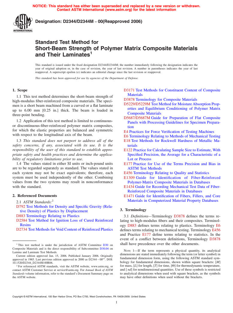 ASTM D2344/D2344M-00(2006) - Standard Test Method for Short-Beam Strength of Polymer Matrix Composite Materials and Their Laminates