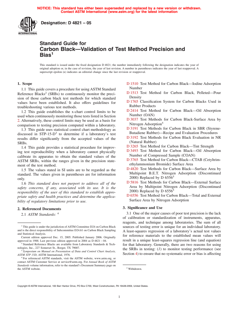 ASTM D4821-05 - Standard Guide for Carbon Black&#8212;Validation of Test Method Precision and Bias
