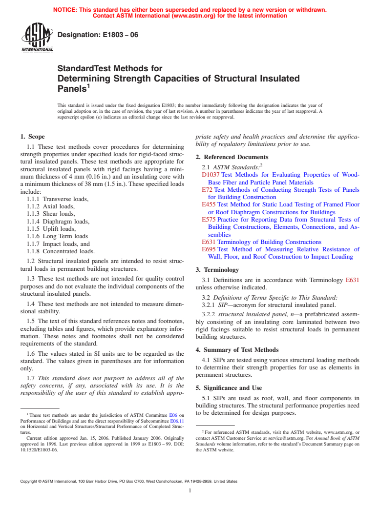 ASTM E1803-06 - Standard Test Methods for Determining Structural Capacities of Insulated Panels