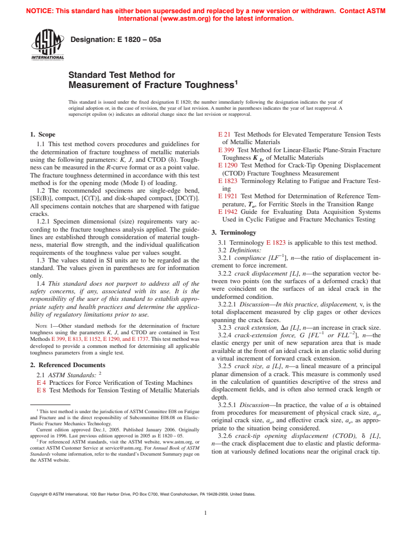 ASTM E1820-05a - Standard Test Method for Measurement of Fracture Toughness