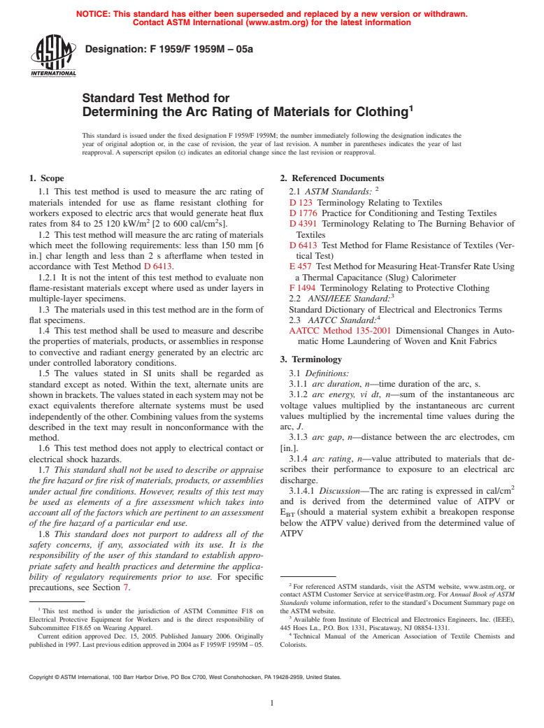 ASTM F1959/F1959M-05a - Standard Test Method for Determining the Arc Thermal Performance Value of Materials for Clothing