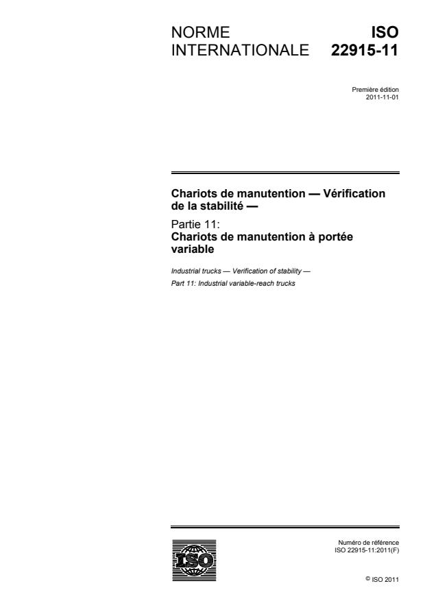 ISO 22915-11:2011 - Chariots de manutention -- Vérification de la stabilité