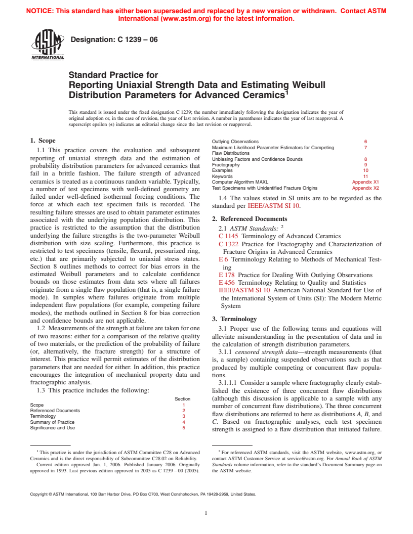 ASTM C1239-06 - Standard Practice for Reporting Uniaxial Strength Data and Estimating Weibull Distribution Parameters for Advanced Ceramics