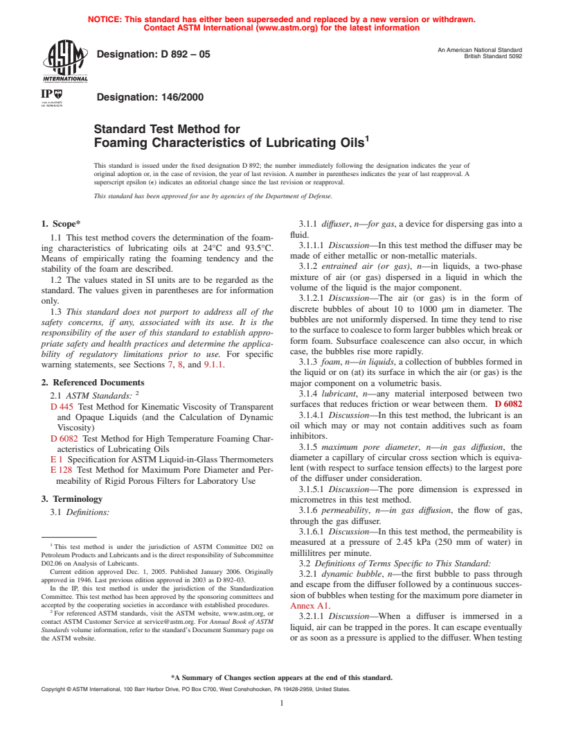 ASTM D892-05 - tandard Test Method for Foaming Characteristics of Lubricating Oils