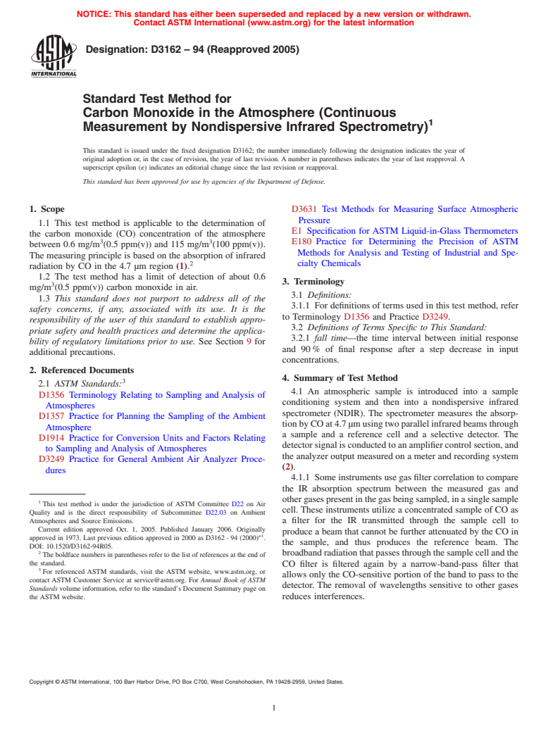 ASTM D3162-94(2005) - Standard Test Method for Carbon Monoxide in the Atmosphere (Continuous Measurement by Nondispersive Infrared Spectrometry)