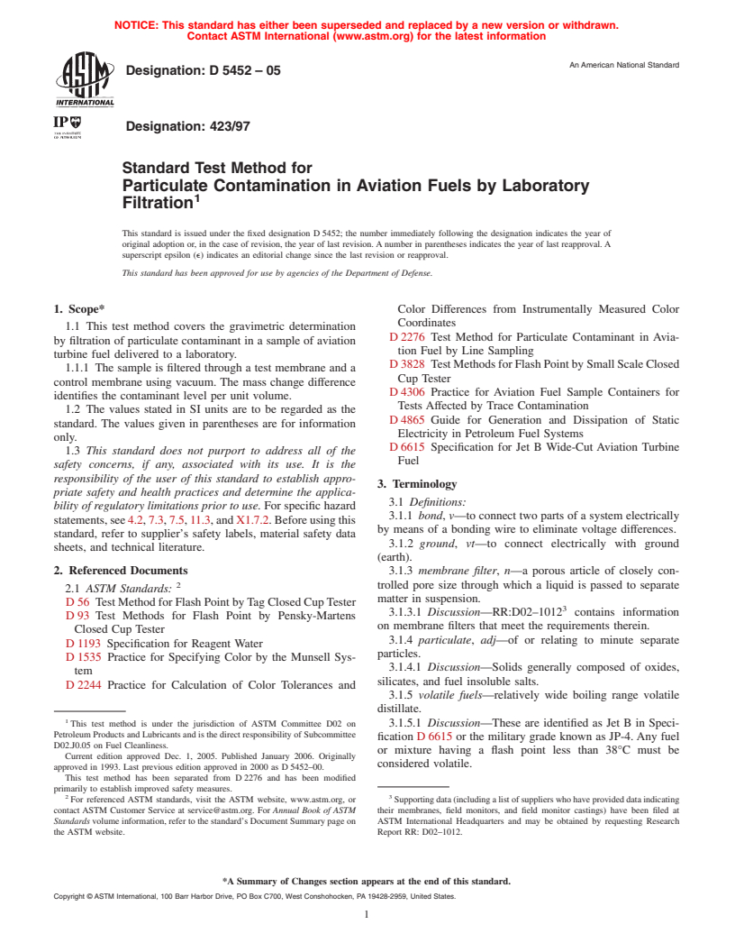 ASTM D5452-05 - Standard Test Method for Particulate Contamination in Aviation Fuels by Laboratory Filtration