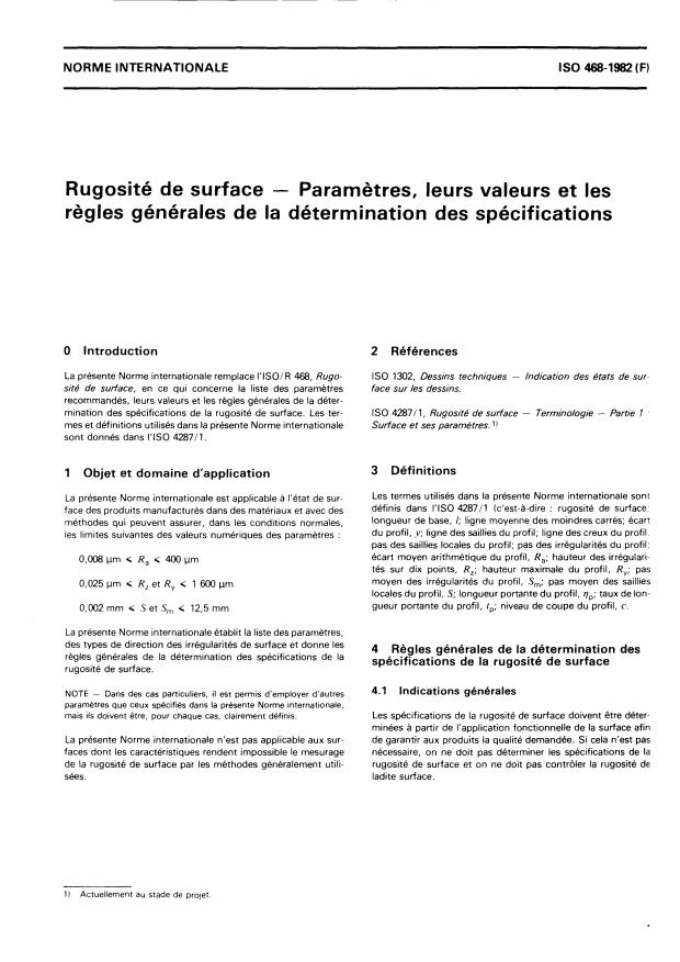 ISO 468:1982 - Rugosité de surface -- Parametres, leurs valeurs et les regles générales de la détermination des spécifications