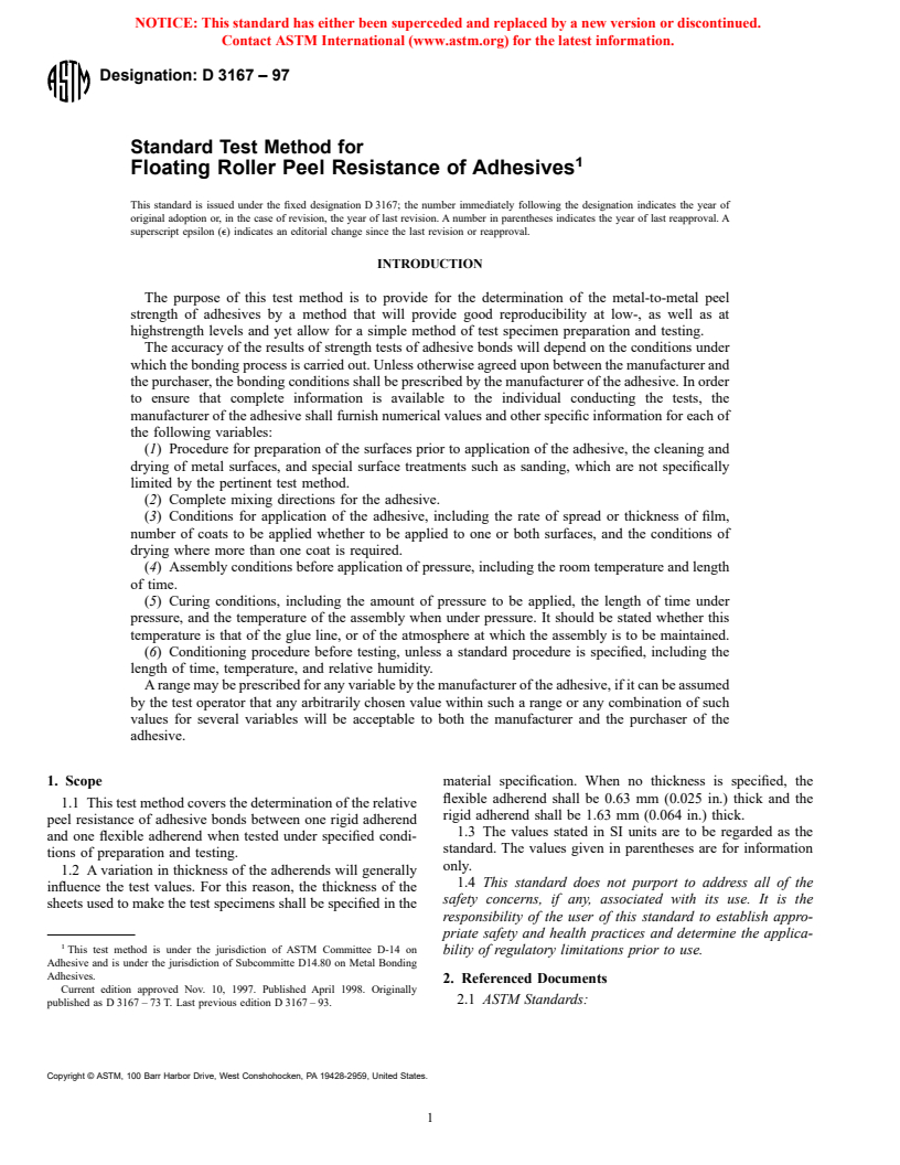 ASTM D3167-97 - Standard Test Method for Floating Roller Peel Resistance of Adhesives