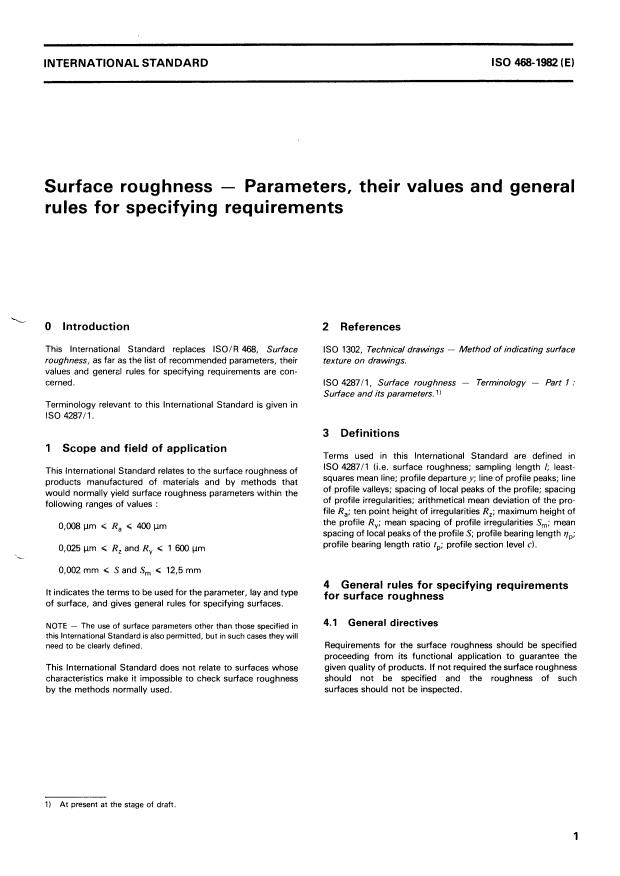 ISO 468:1982 - Surface roughness -- Parameters, their values and general rules for specifying requirements