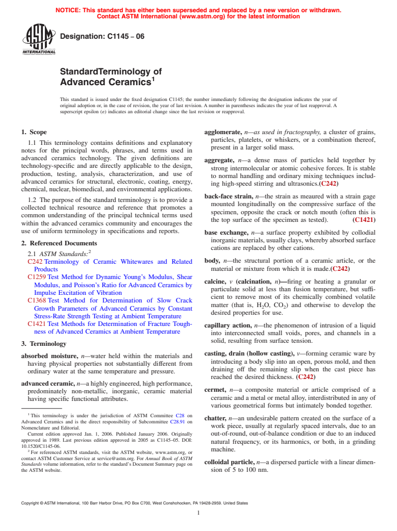 ASTM C1145-06 - Standard Terminology of Advanced Ceramics