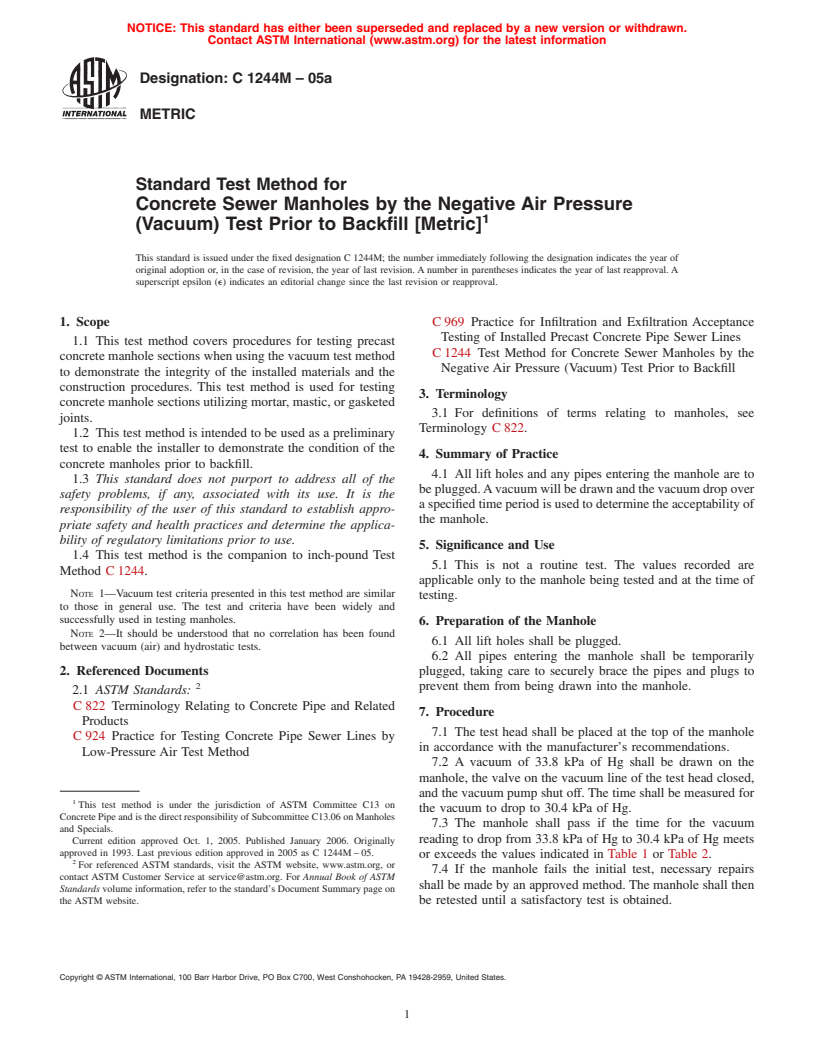 ASTM C1244M-05a - Standard Test Method for Concrete Sewer Manholes by the Negative Air Pressure (Vacuum) Test Prior to Backfill (Metric)