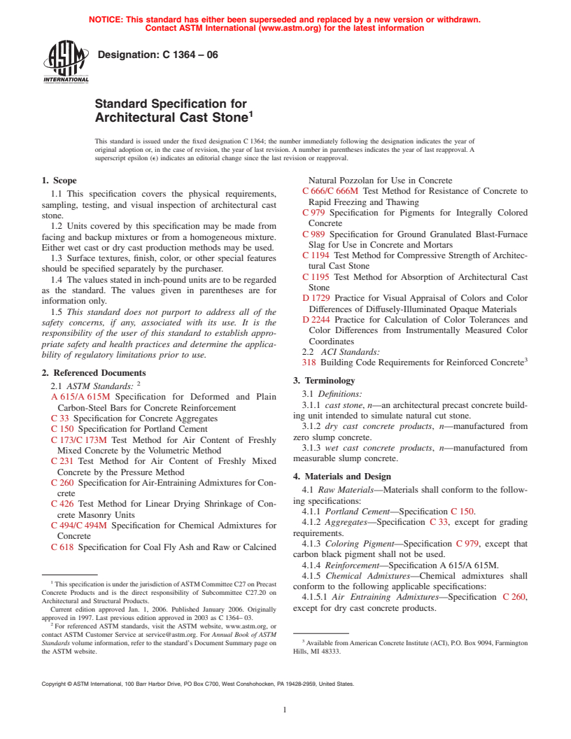 ASTM C1364-06 - Standard Specification for Architectural Cast Stone