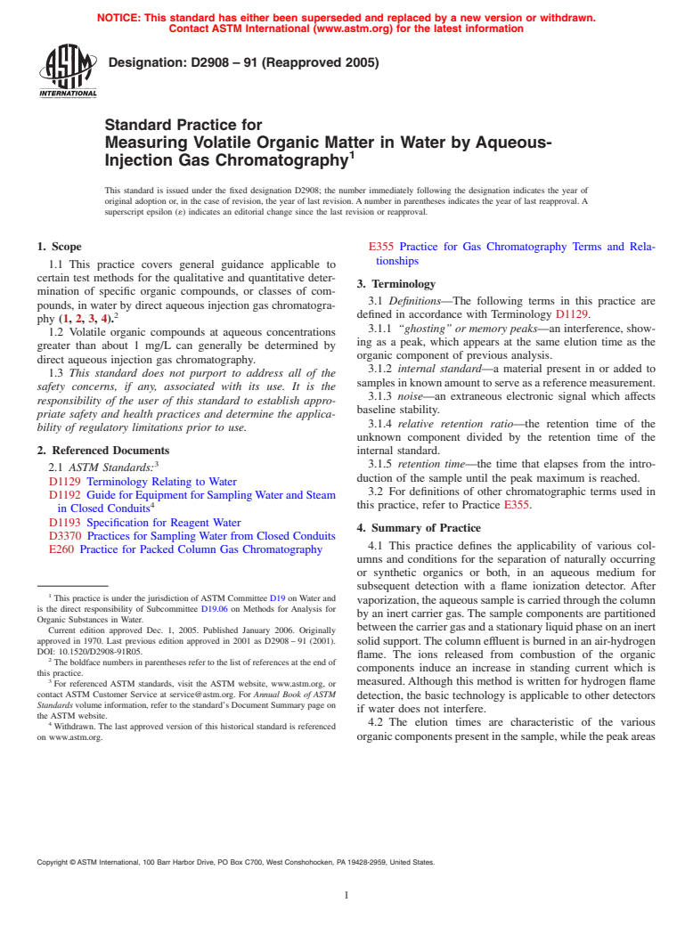 ASTM D2908-91(2005) - Standard Practice for Measuring Volatile Organic Matter in Water by Aqueous-Injection Gas Chromatography