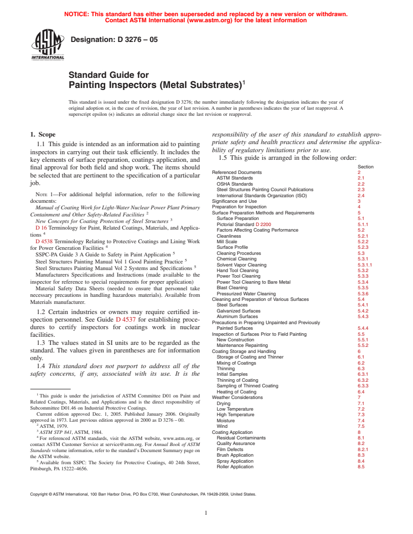 ASTM D3276-05 - Standard Guide for Painting Inspectors (Metal Substrates)