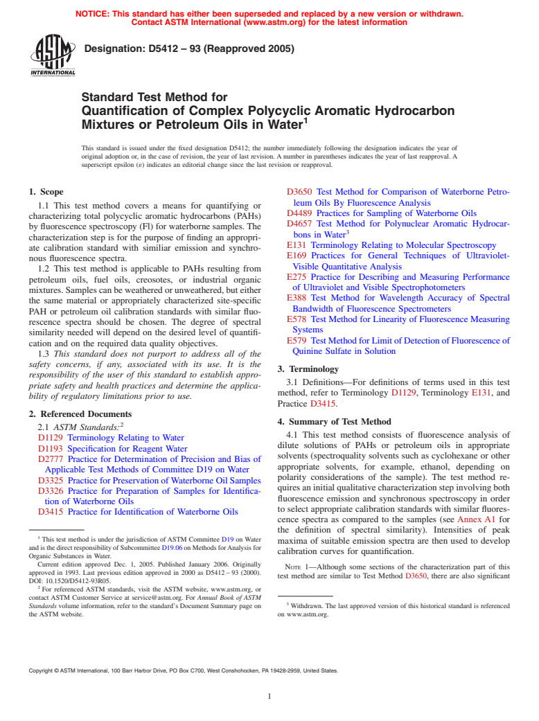 ASTM D5412-93(2005) - Standard Test Method for Quantification of Complex Polycyclic Aromatic Hydrocarbon Mixtures or Petroleum Oils in Water