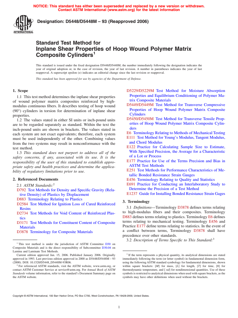 ASTM D5448/D5448M-93(2006) - Standard Test Method for Inplane Shear Properties of Hoop Wound Polymer Matrix Composite Cylinders